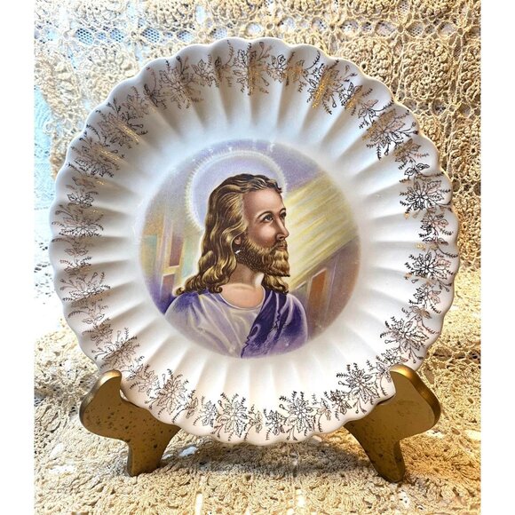 Vintage Sanders Mfg Co 23K Gold Trimmed Jesus Plate - Picture 1 of 5